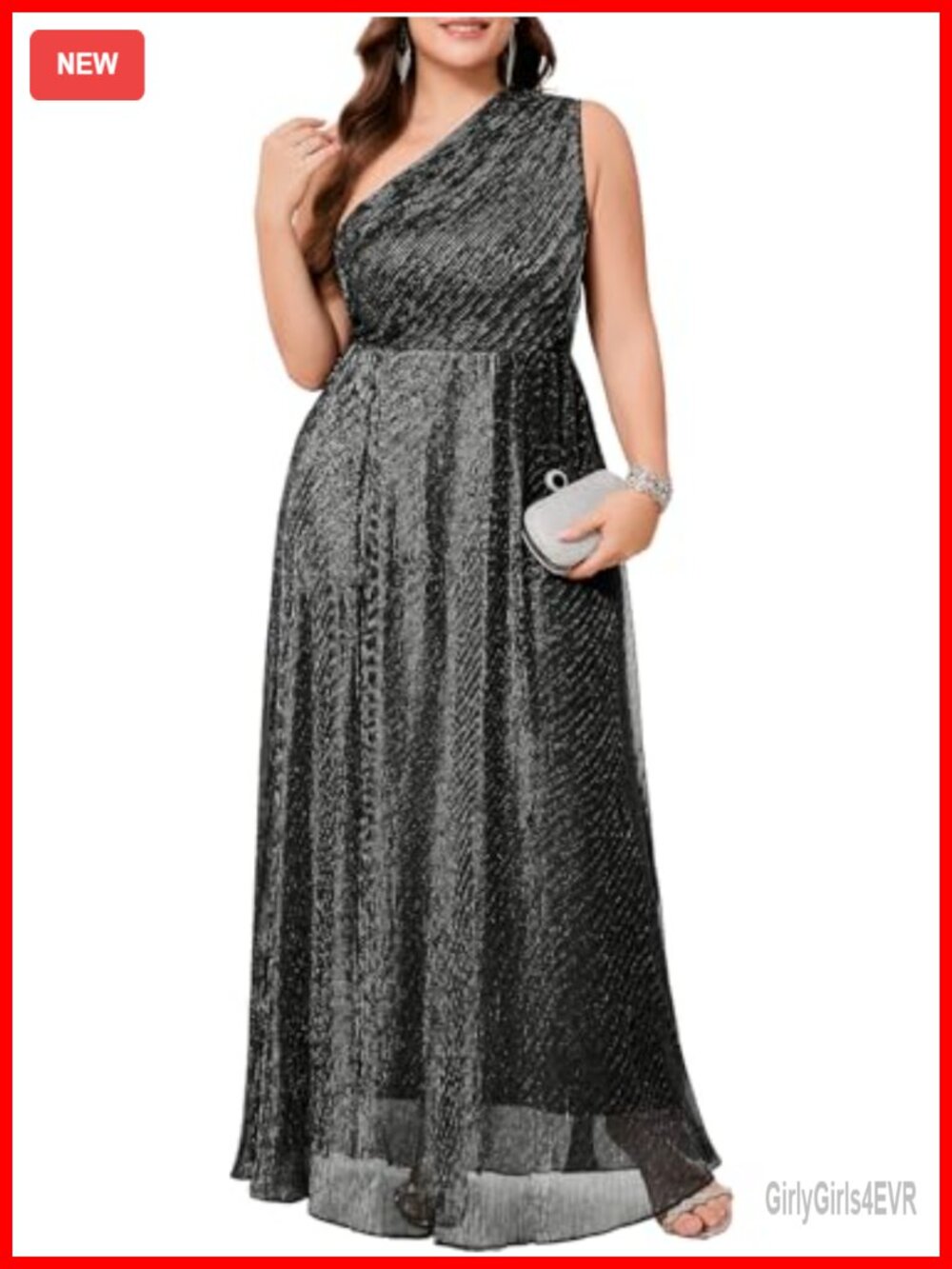 Plus Size One-Shoulder Maxi Dress Sparkly Sleeveless A-Line Prom Evening Gown